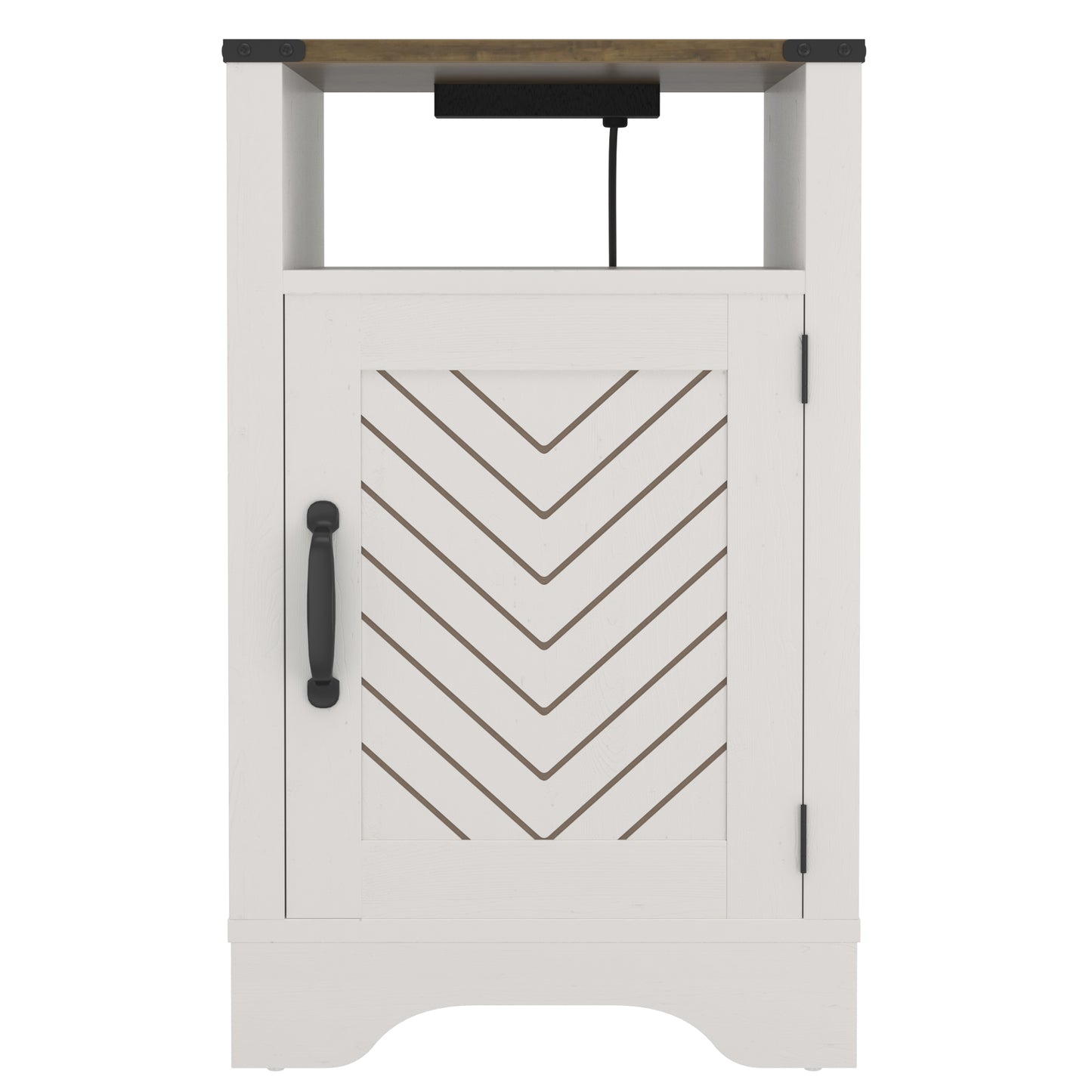 White farmhouse nightstand with chevron door detail and builtin power strip