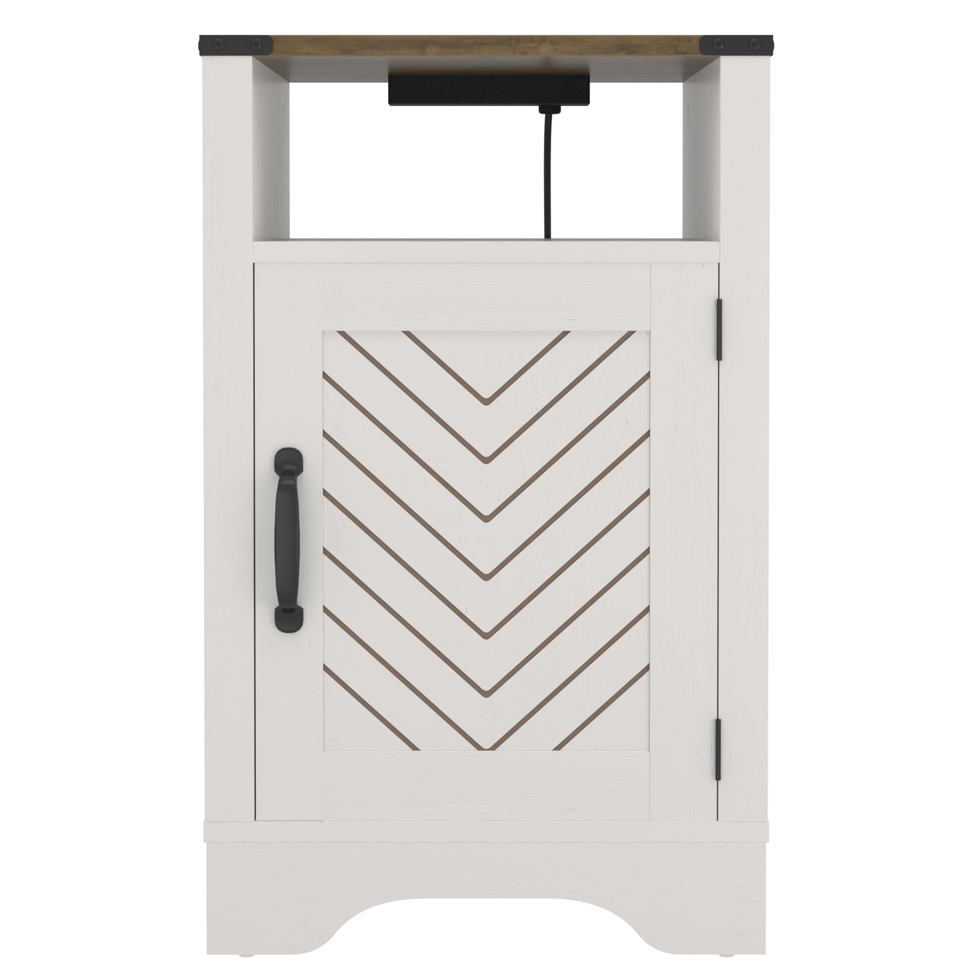 White farmhouse nightstand with chevron door detail and builtin power strip