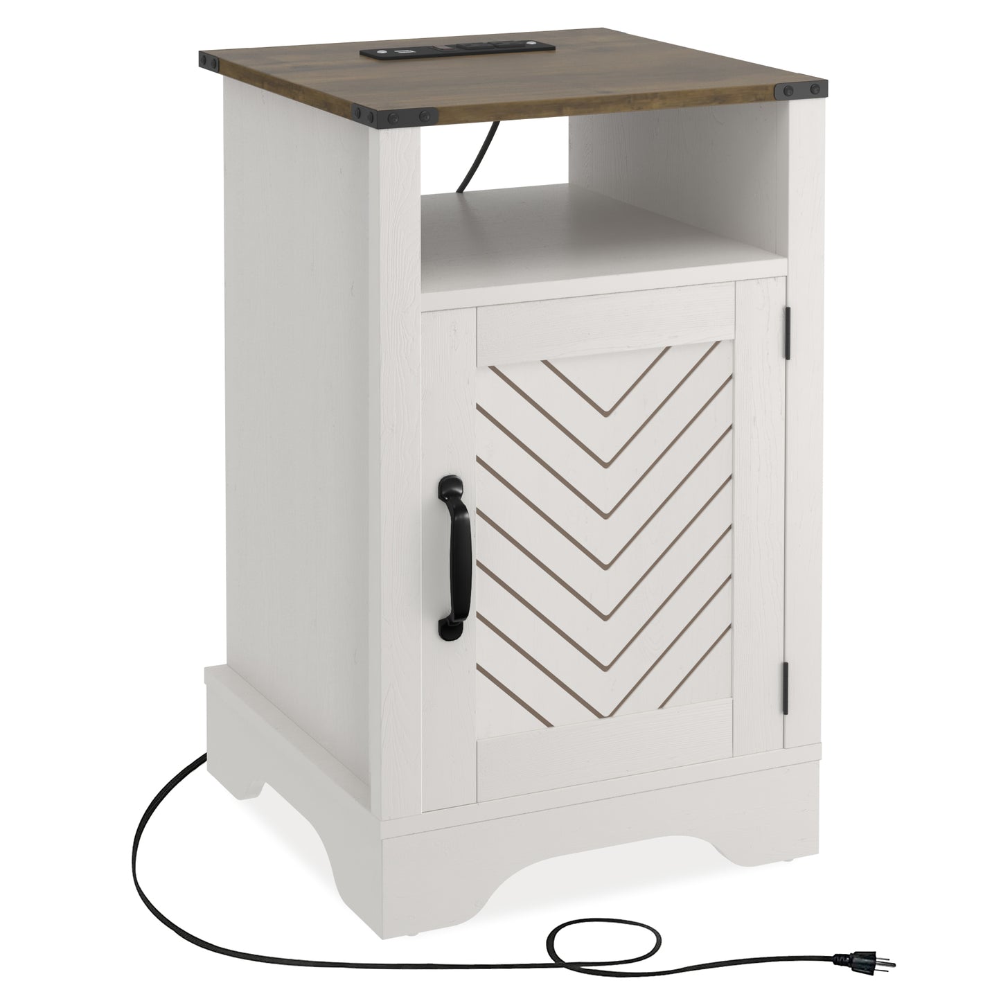 White and wood grain bedside table with integrated charging station
