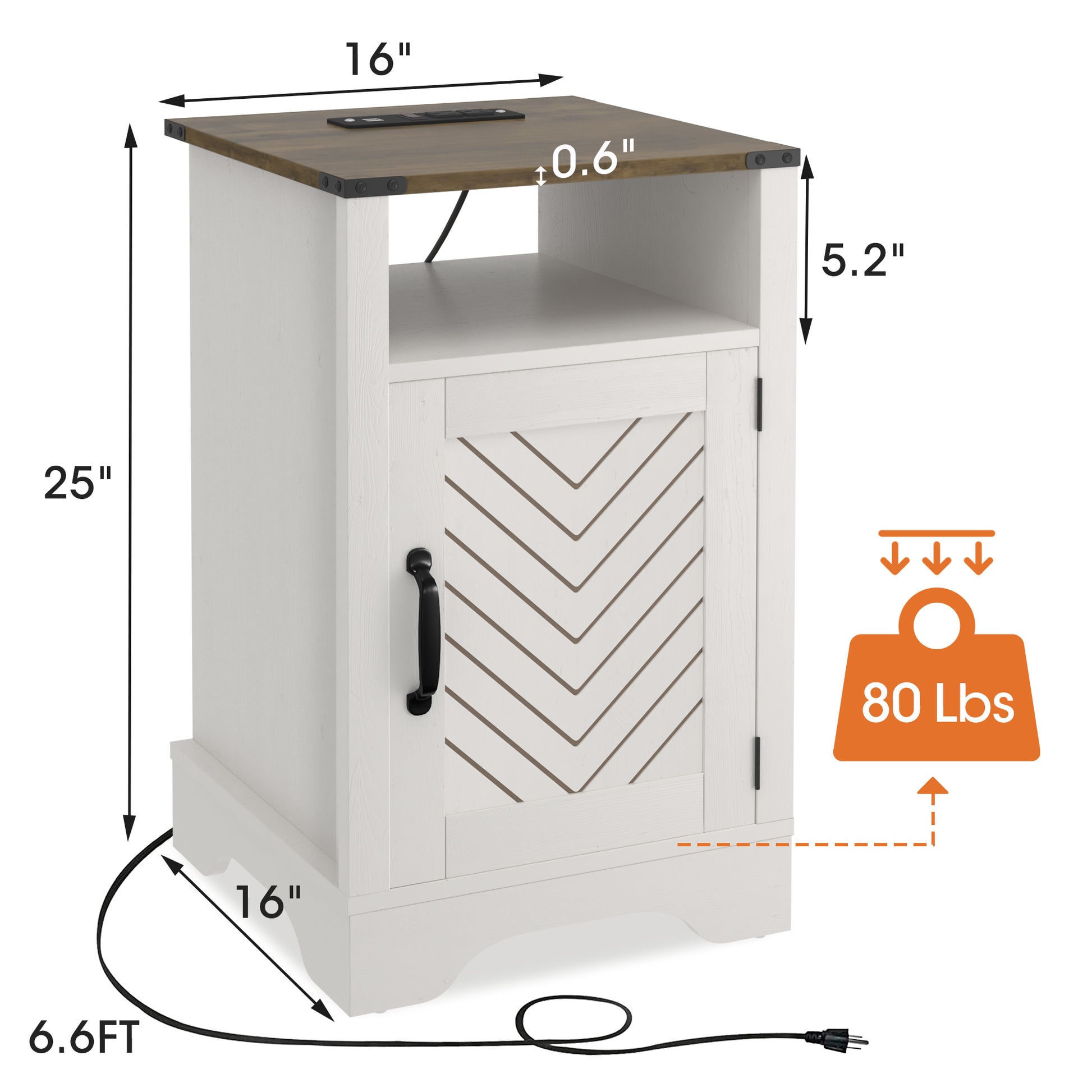 White and wood end table with builtin charging station and chevron door