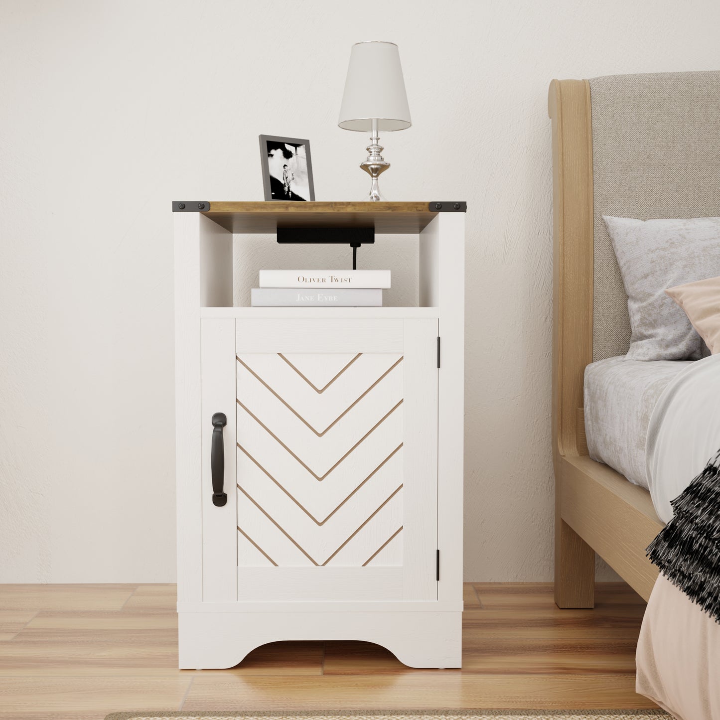 White wooden nightstand with chevron door design