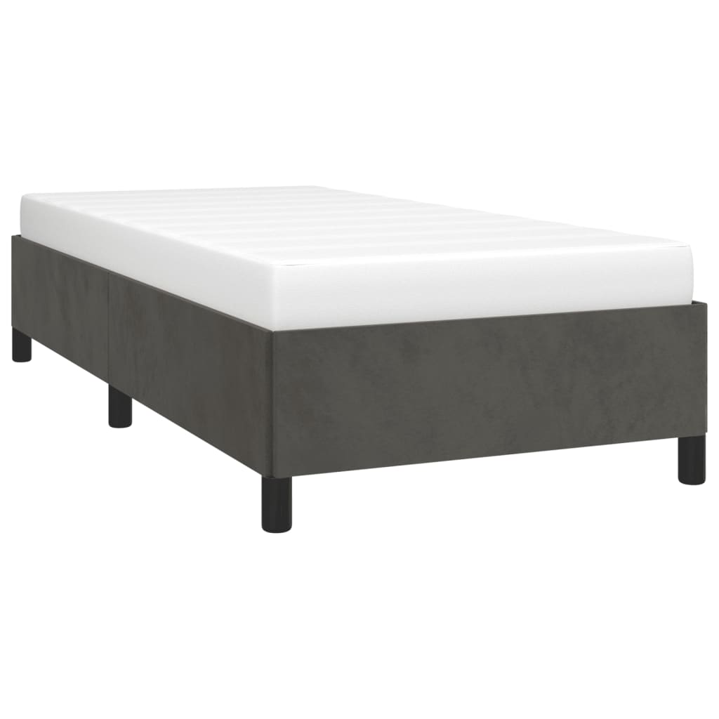 Gray velvet single bed frame with white mattress
