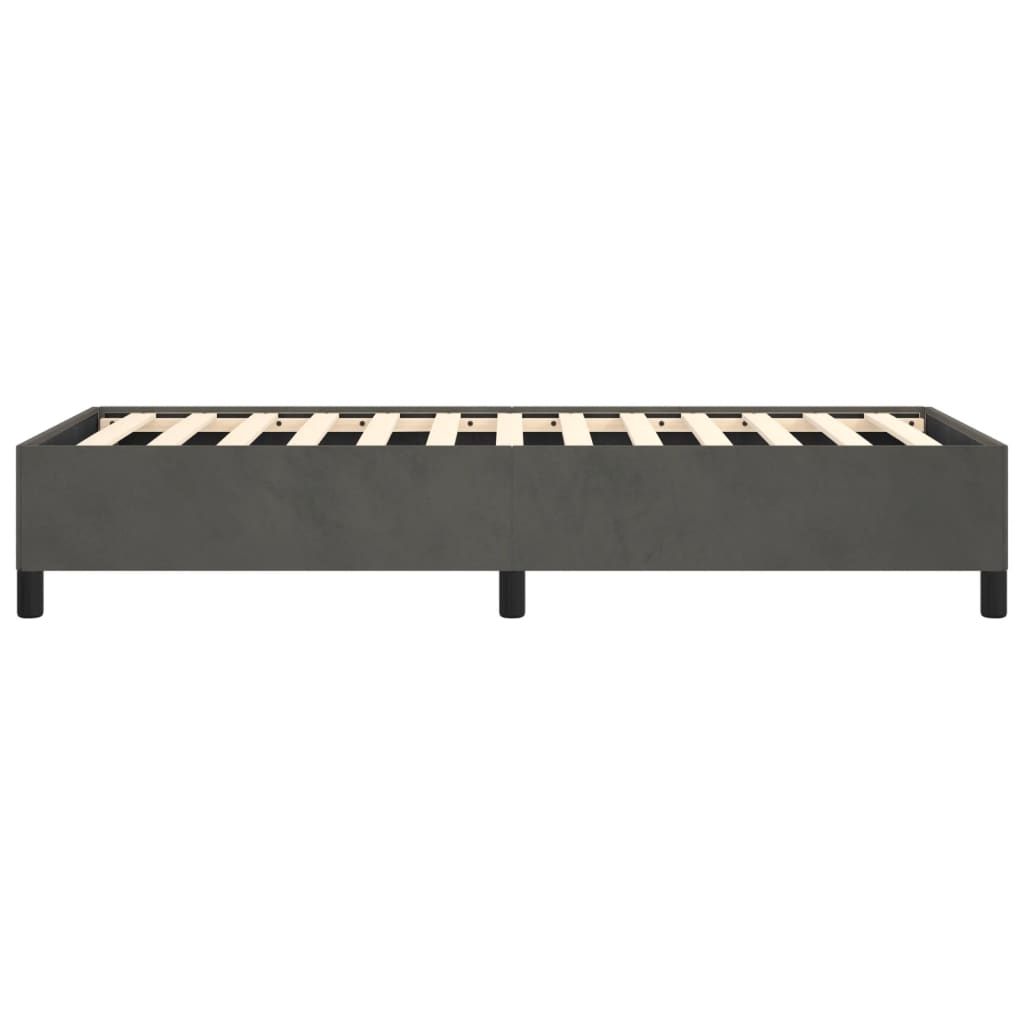 Dark grey upholstered bed frame with slatted base and black legs