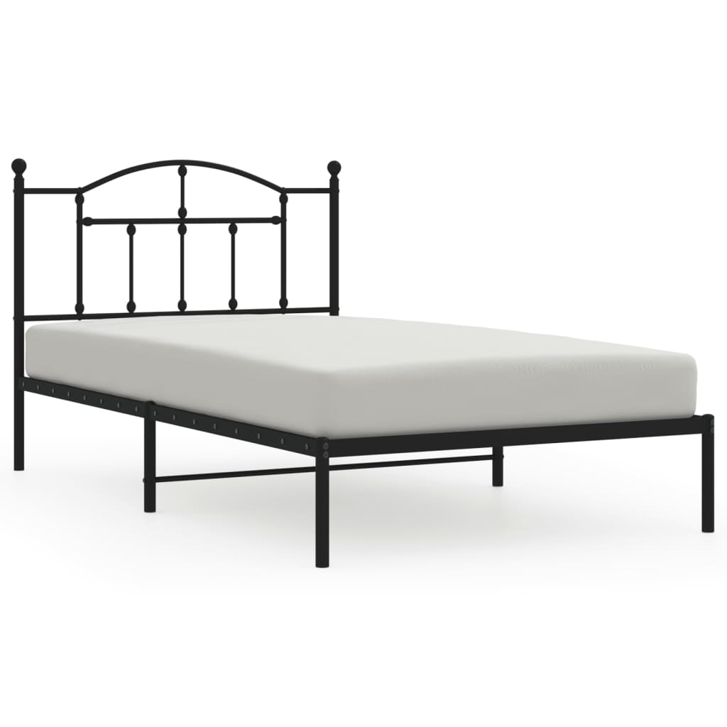 White metal bed frame with arched headboard and slatted base showing dimensions