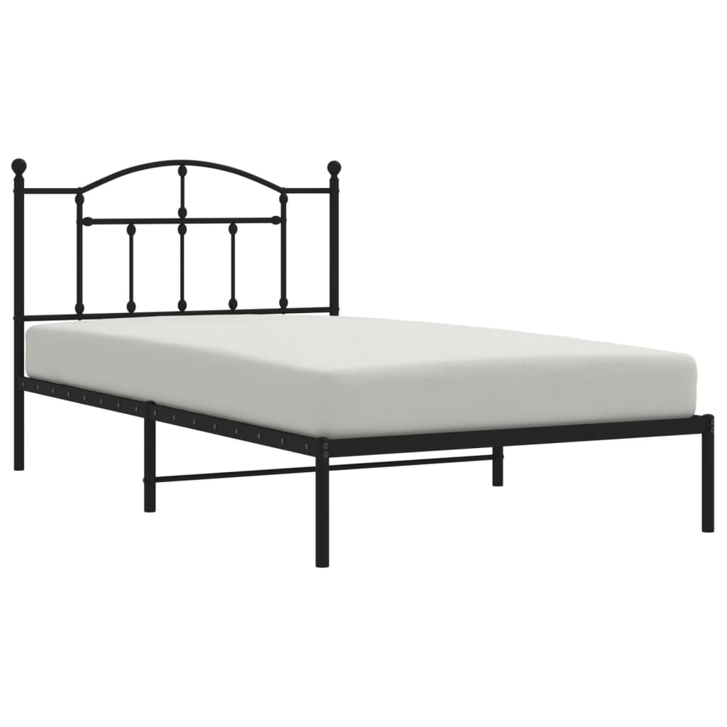 Black metal twin bed frame with arched headboard and sturdy slats