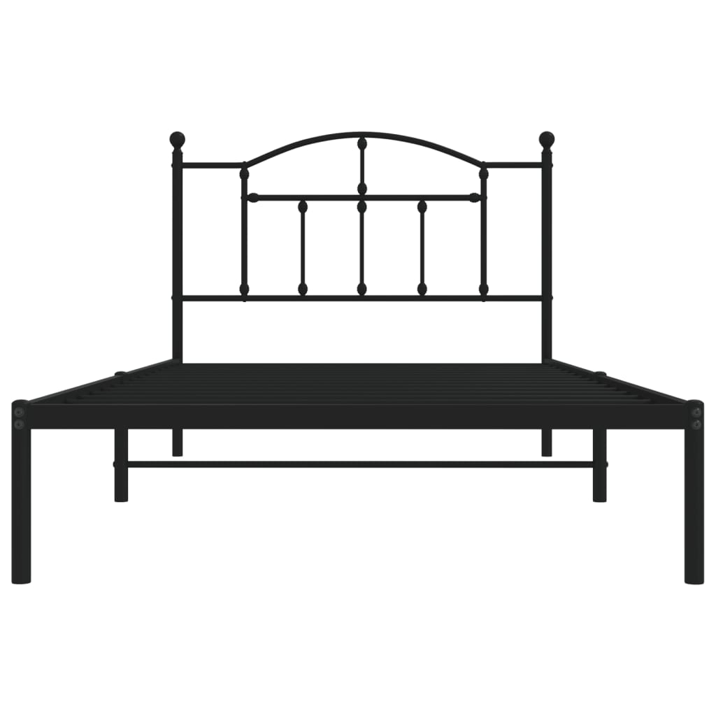 Black metal bed frame with curved headboard and footboard
