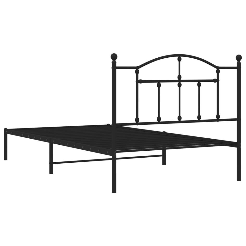Black metal bed frame with arched headboard and slat support