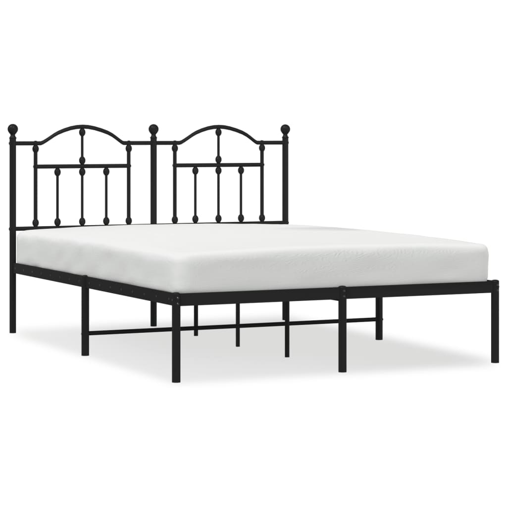Metal bed frame with ornate headboard and footboard dimensions included