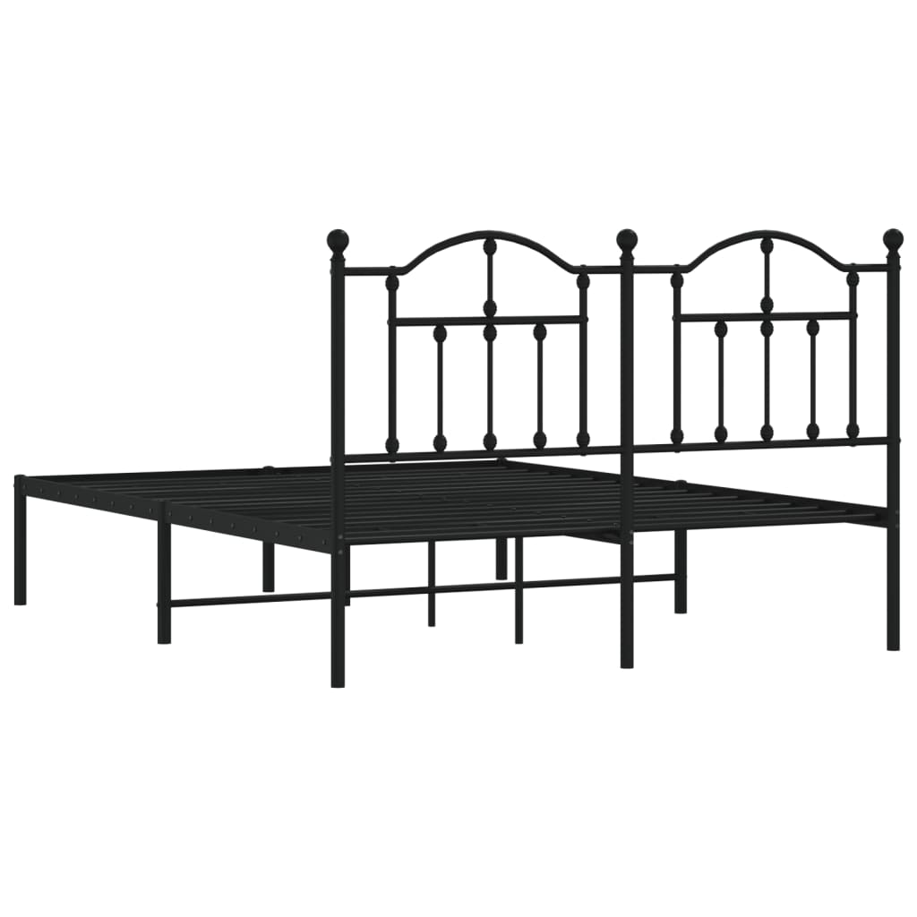 Black metal bed frame with a decorative arched headboard and footboard