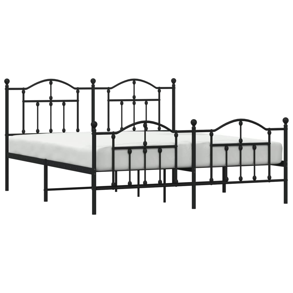 Black metal bed frame with decorative headboard and footboard