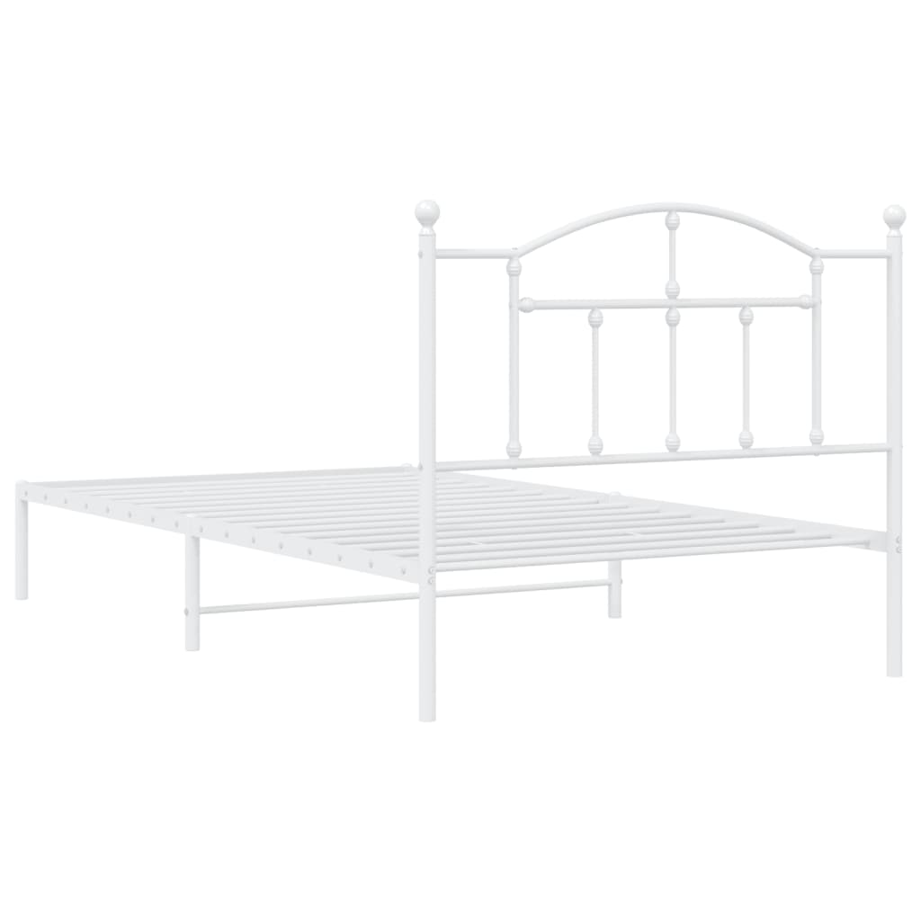 White metal bed frame with arched headboard and slatted base