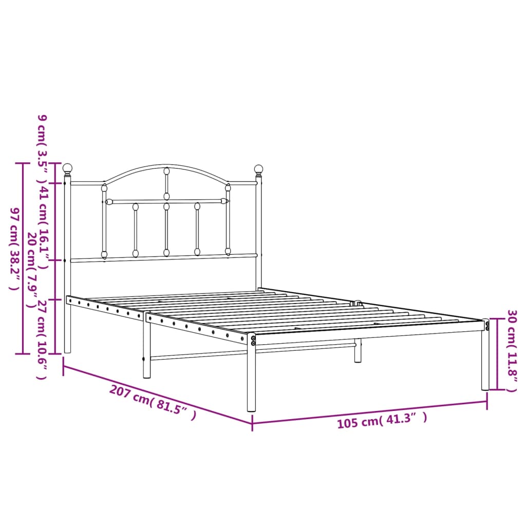 White metal bed frame with arched headboard and slat support