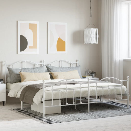 White metal frame queen bed with decorative headboard and footboard