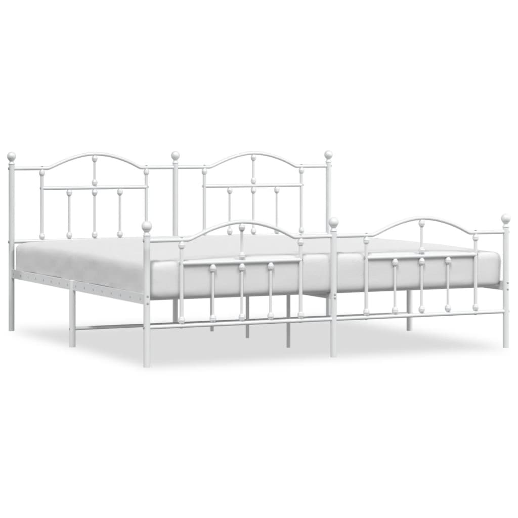 White metal bed frame with ornate headboard and footboard showing dimensions