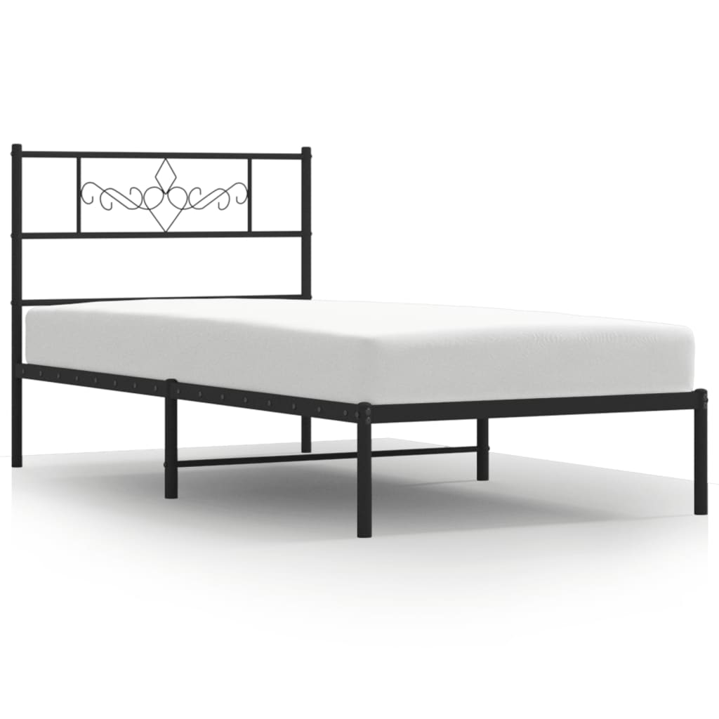 Black metal bed frame with ornate headboard and full dimensions indicated