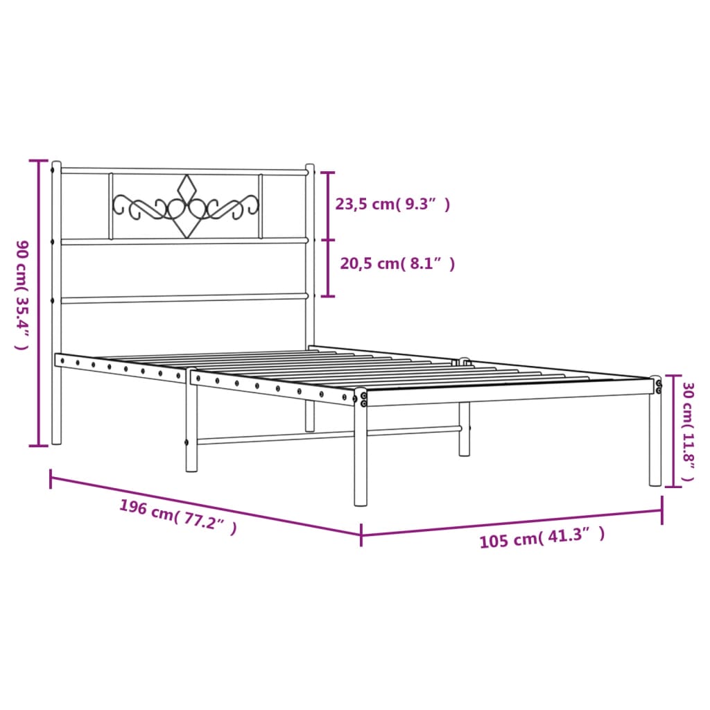 Black metal bed frame with ornate headboard detail