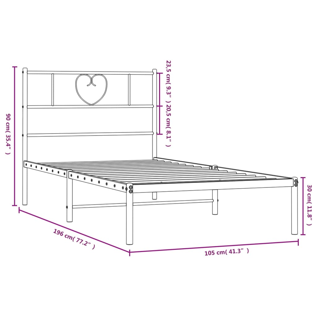 Black metal bed frame with heartshaped headboard detail