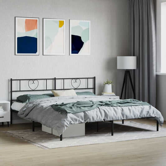 Black metal queen bed frame with heartshaped headboard detailing