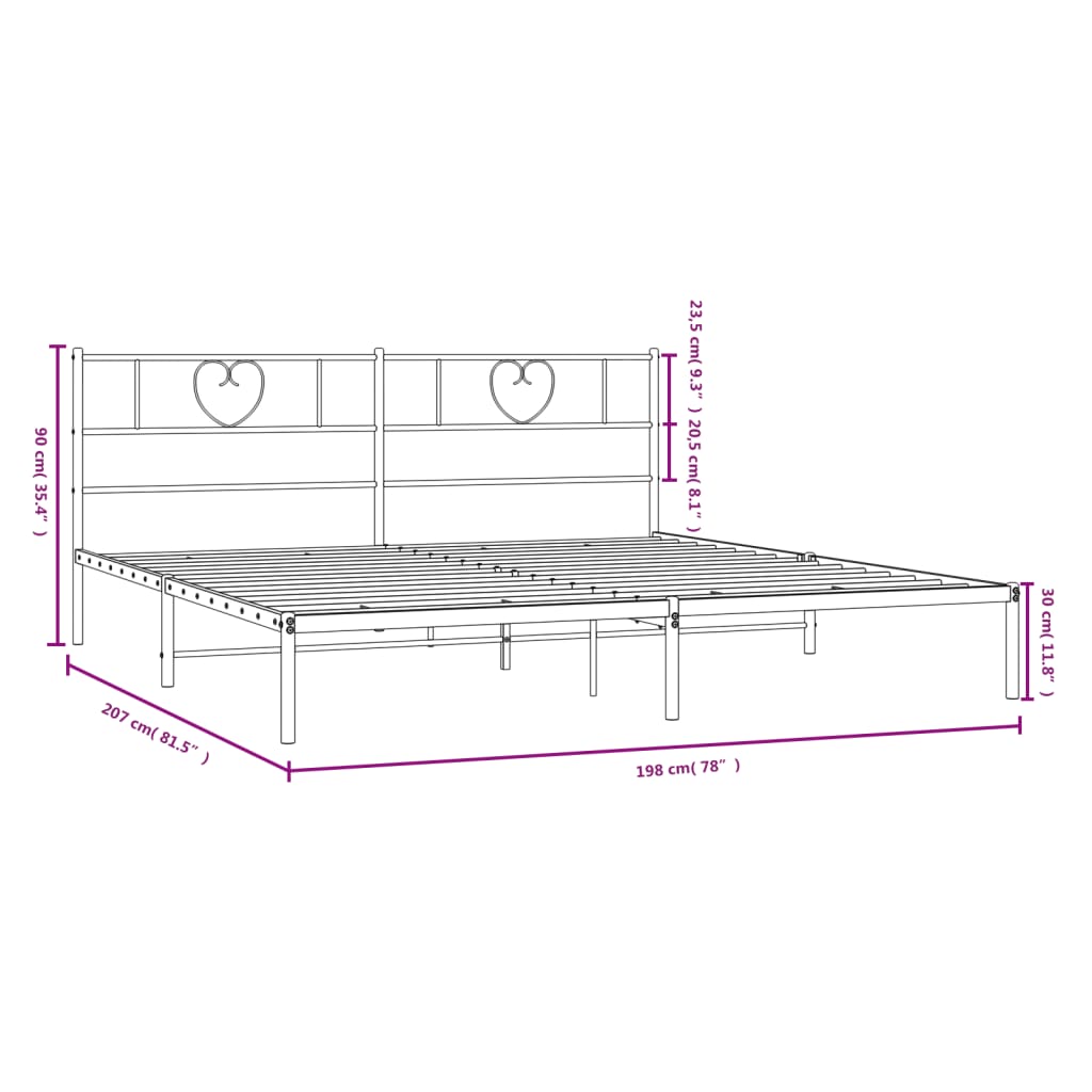 Black metal bed frame with heartshaped headboard detail