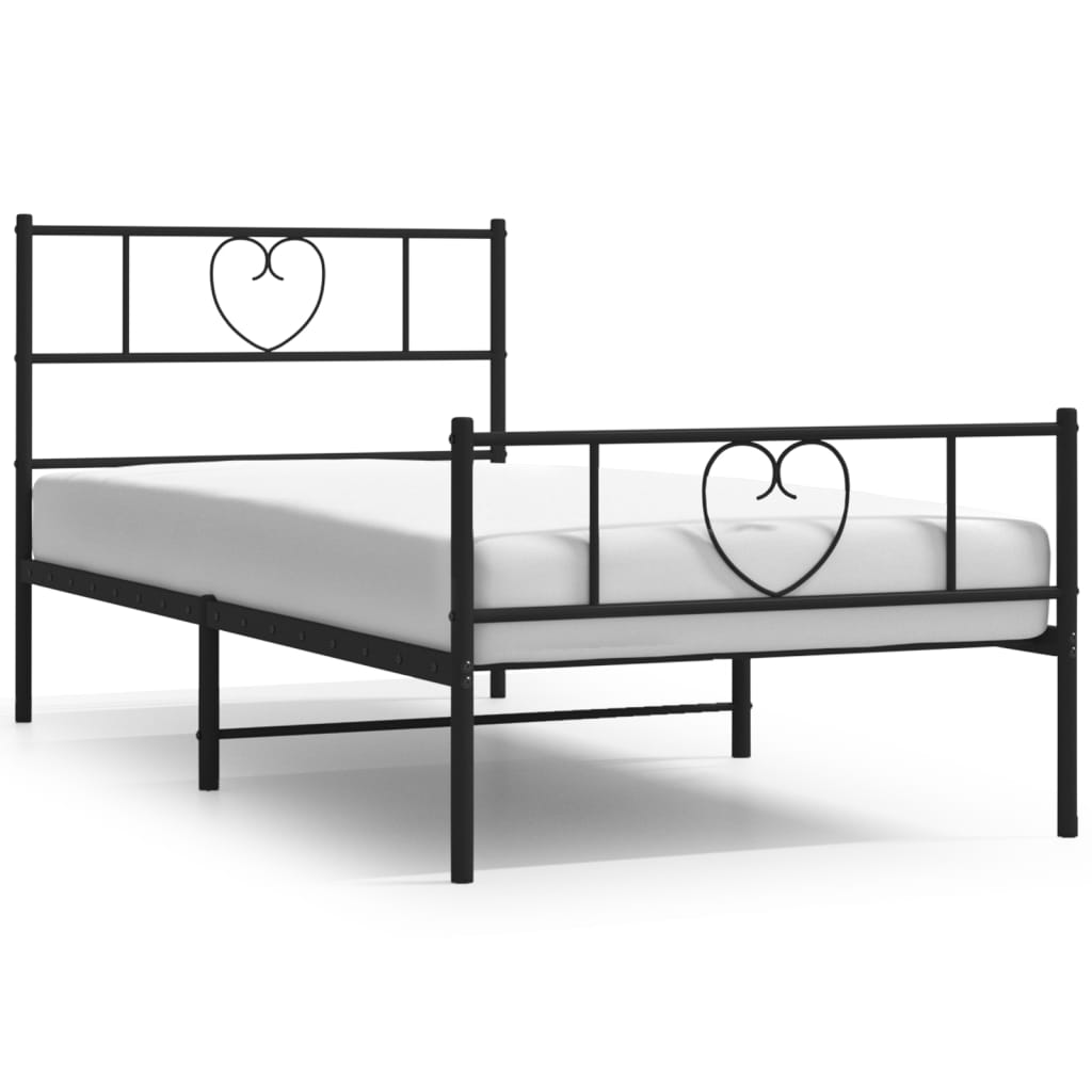 Outline of a white metal twin bed frame with heart design on headboard