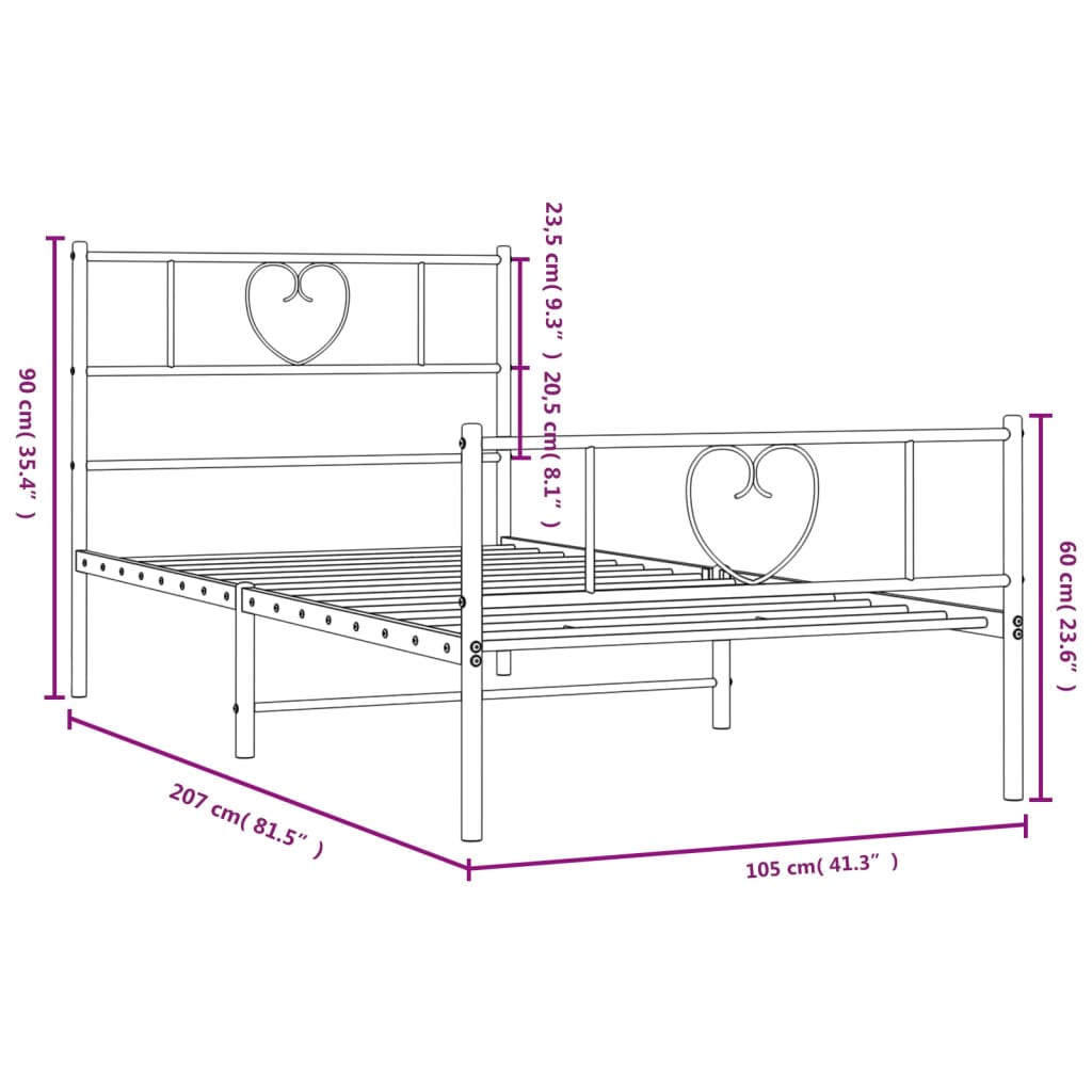 Black metal twin bed frame with heartshaped headboard