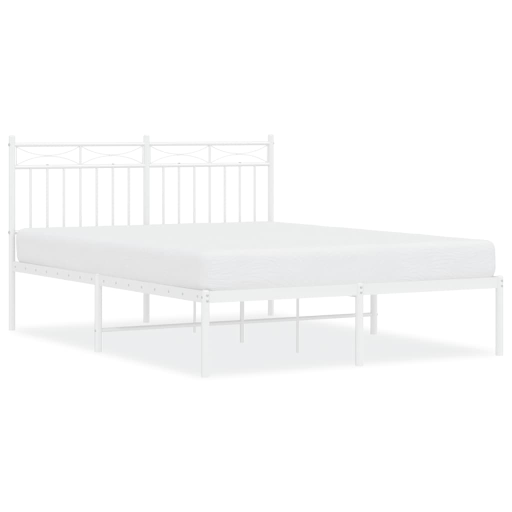 Line drawing of a white metal bed frame with a slatted headboard and measurements