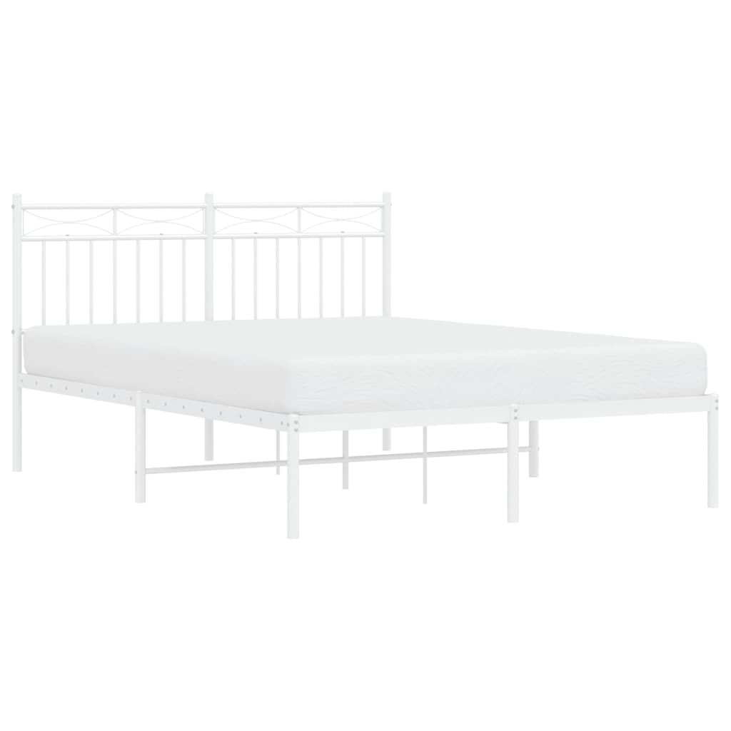 White metal bed frame with a slatted headboard and mattress
