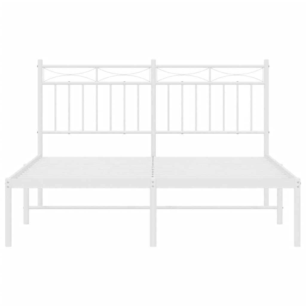White metal bed frame with a slatted headboard and mattress