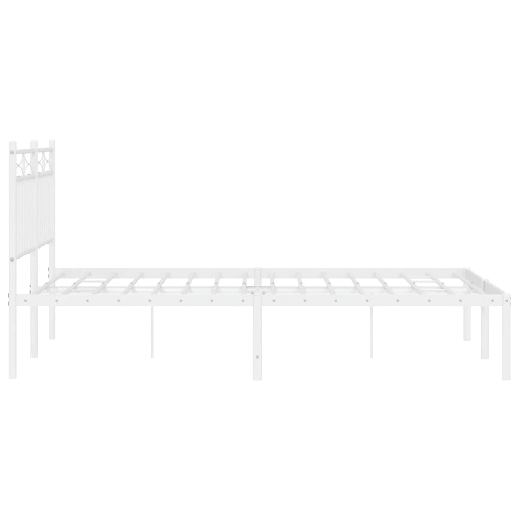 White metal bed frame with a slatted base and decorative headboard