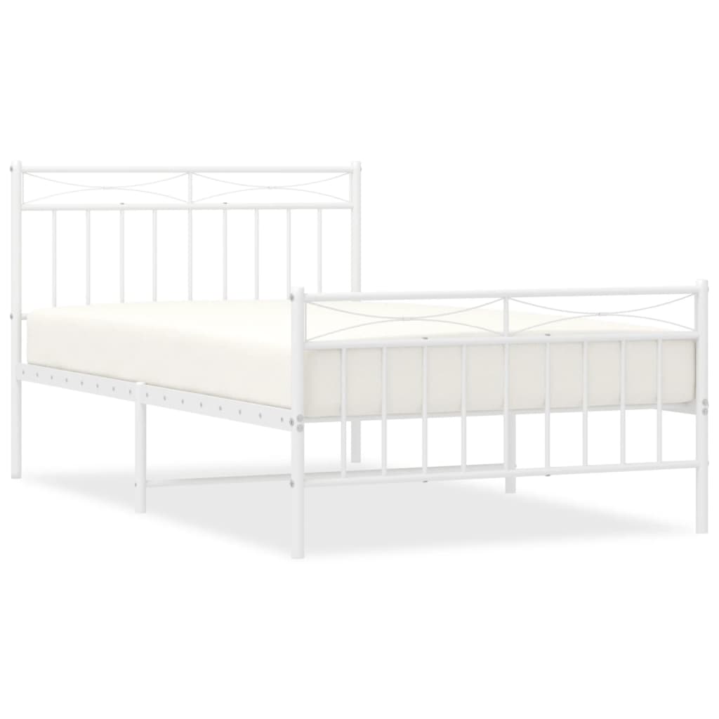 White metal twin bed frame with decorative headboard and footboard showing dimensions