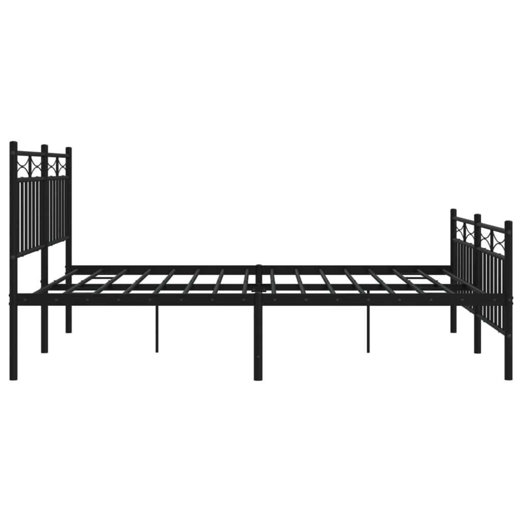 Black metal bed frame with decorative headboard and footboard