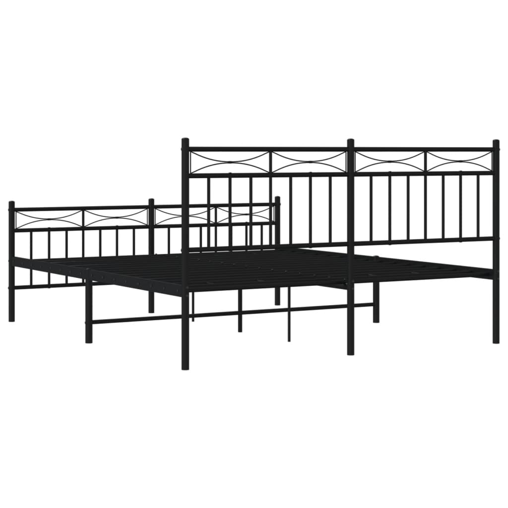 Black metal king size bed frame with decorative headboard and footboard