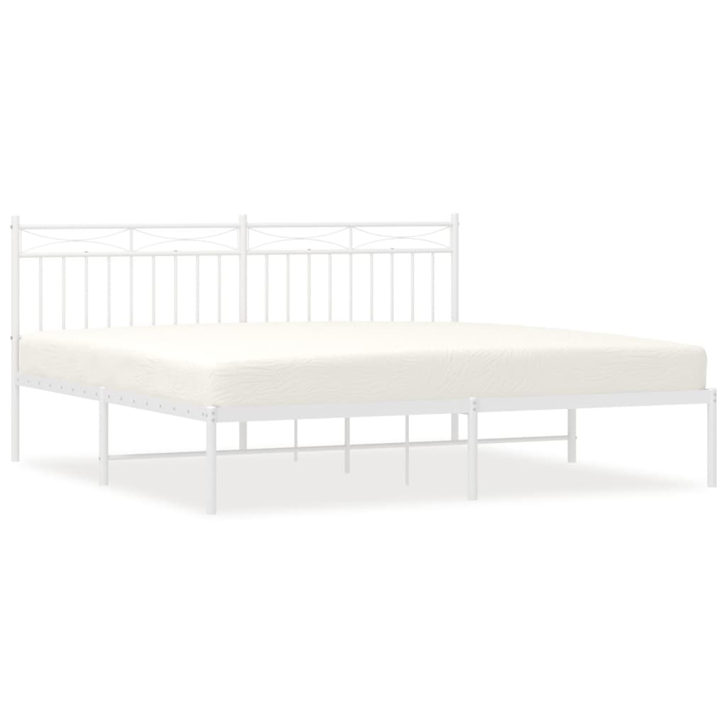 White metal bed frame with ornate headboard and slatted base queen size dimensions shown
