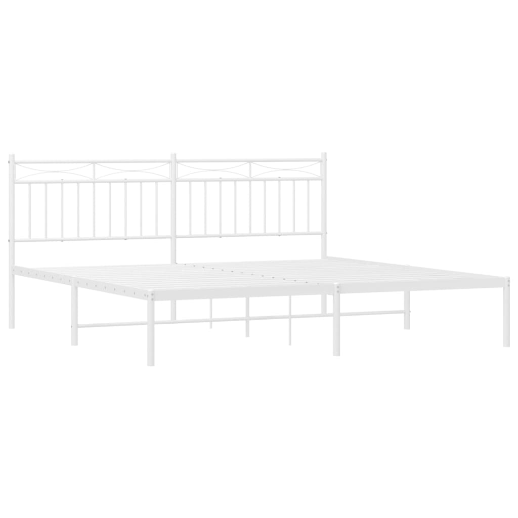 Minimalist white metal bed frame with a simple geometric headboard and footboard