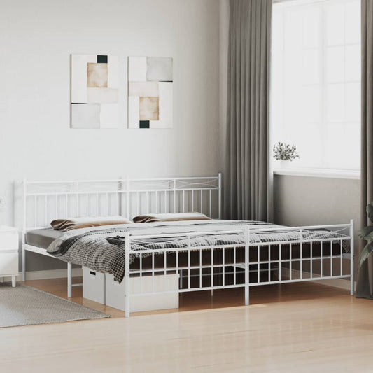 White metal bed frame with ornate headboard and footboard