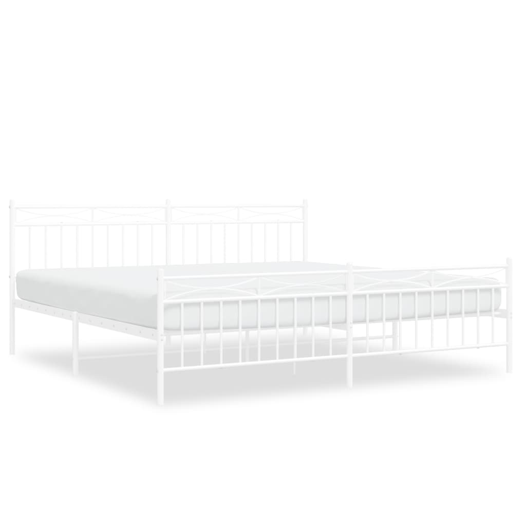White metal bed frame with decorative headboard and footboard showing dimensions