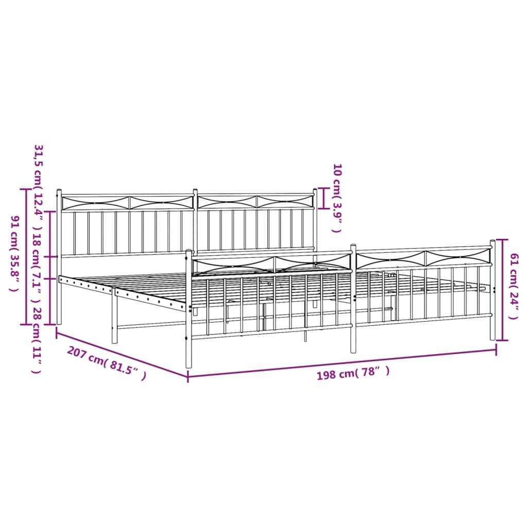 White metal bed frame with decorative headboard and footboard