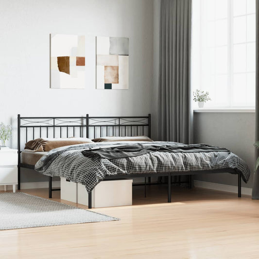 Modern black metal bed frame with a stylish headboard and bedding
