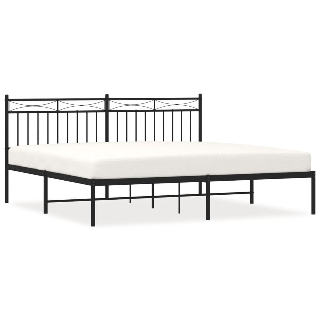 White metal bed frame with decorative headboard and included dimensions