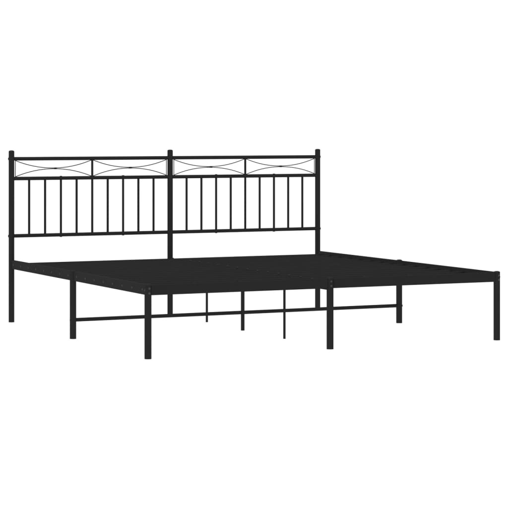 Black metal queen bed frame with ornate headboard and houndstooth bedding