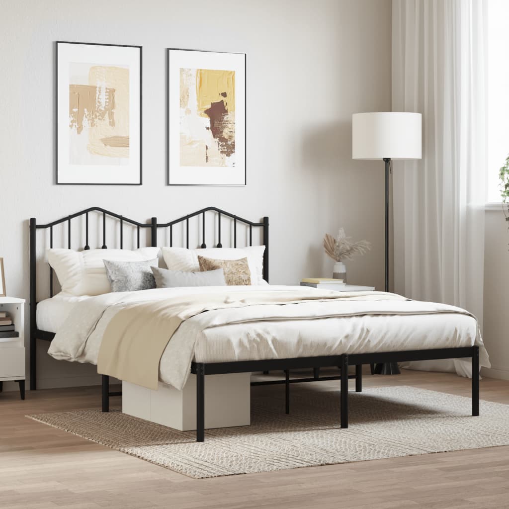 Black metal queen bed frame with arched headboard and storage drawers