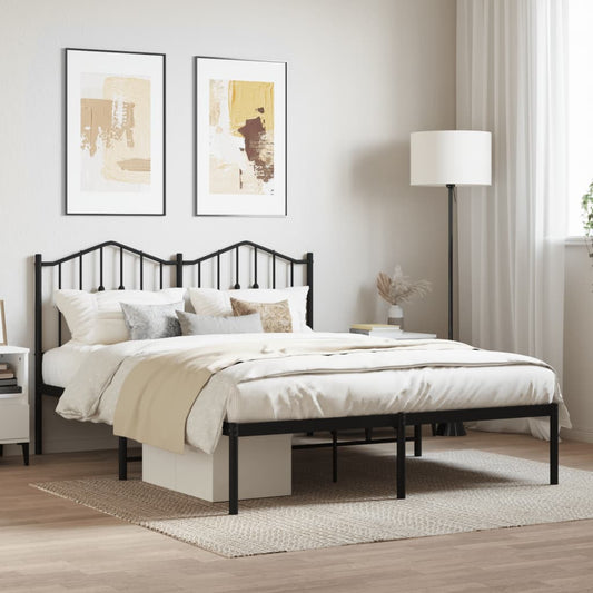 Black metal queen bed frame with arched headboard and storage drawers
