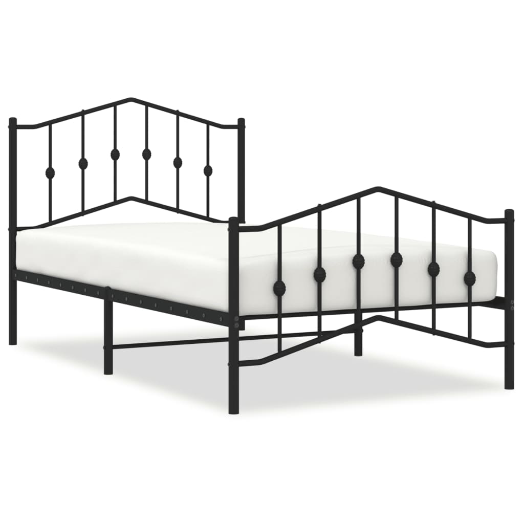 White metal bed frame with ornate headboard and footboard shown with dimensions