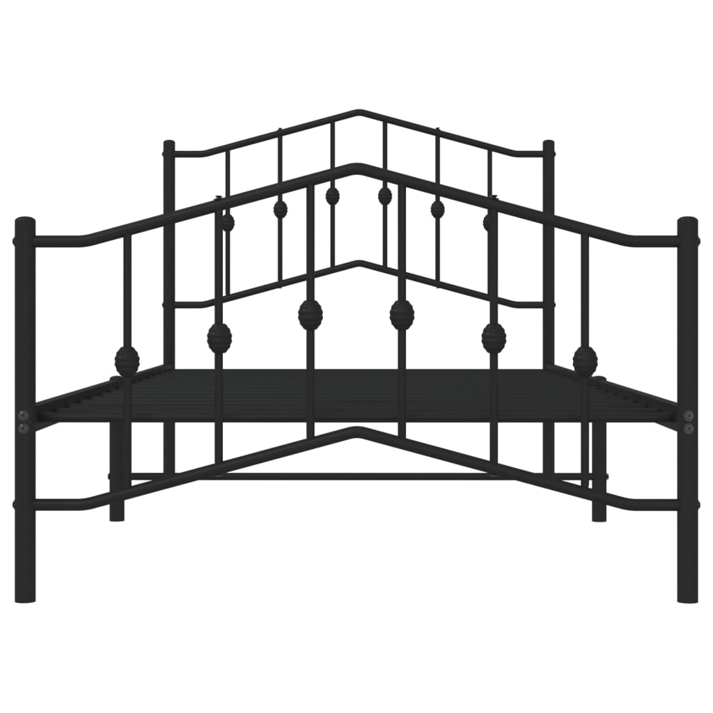 Black metal twin bed frame with a simple decorative headboard and footboard