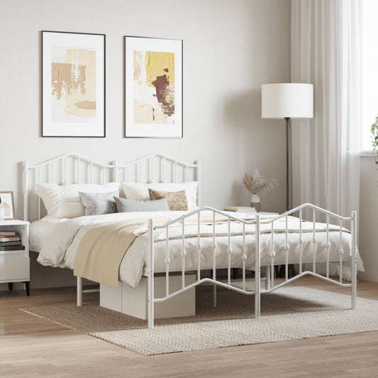 Elegant white metal bed frame with arched headboard and footboard featuring ornate detailing