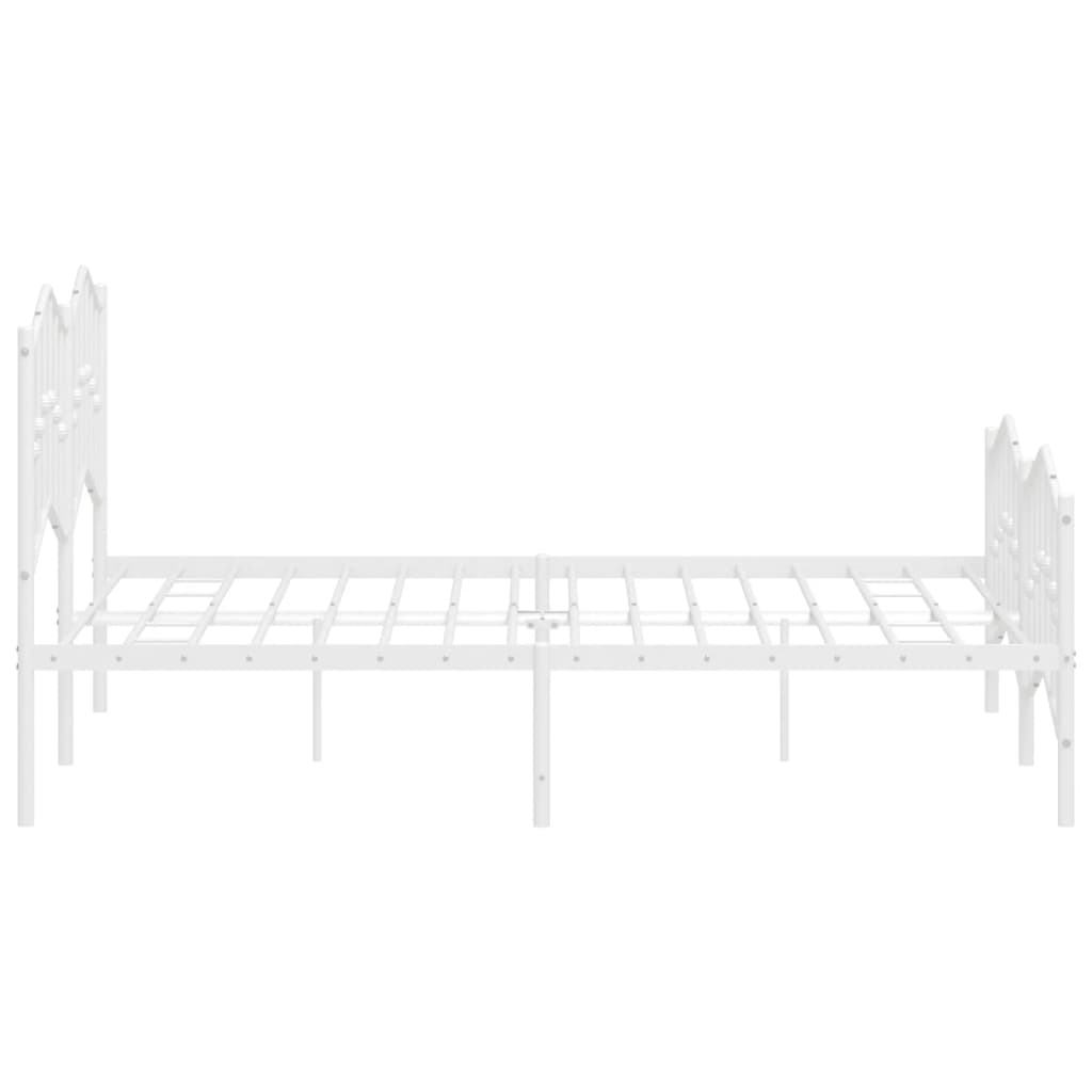 White metal bed frame with decorative ball accents and slatted base