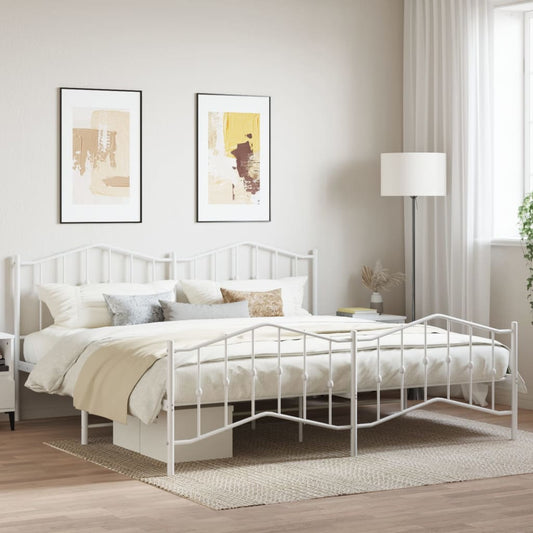White wrought iron queen bed frame with arched headboard and footboard