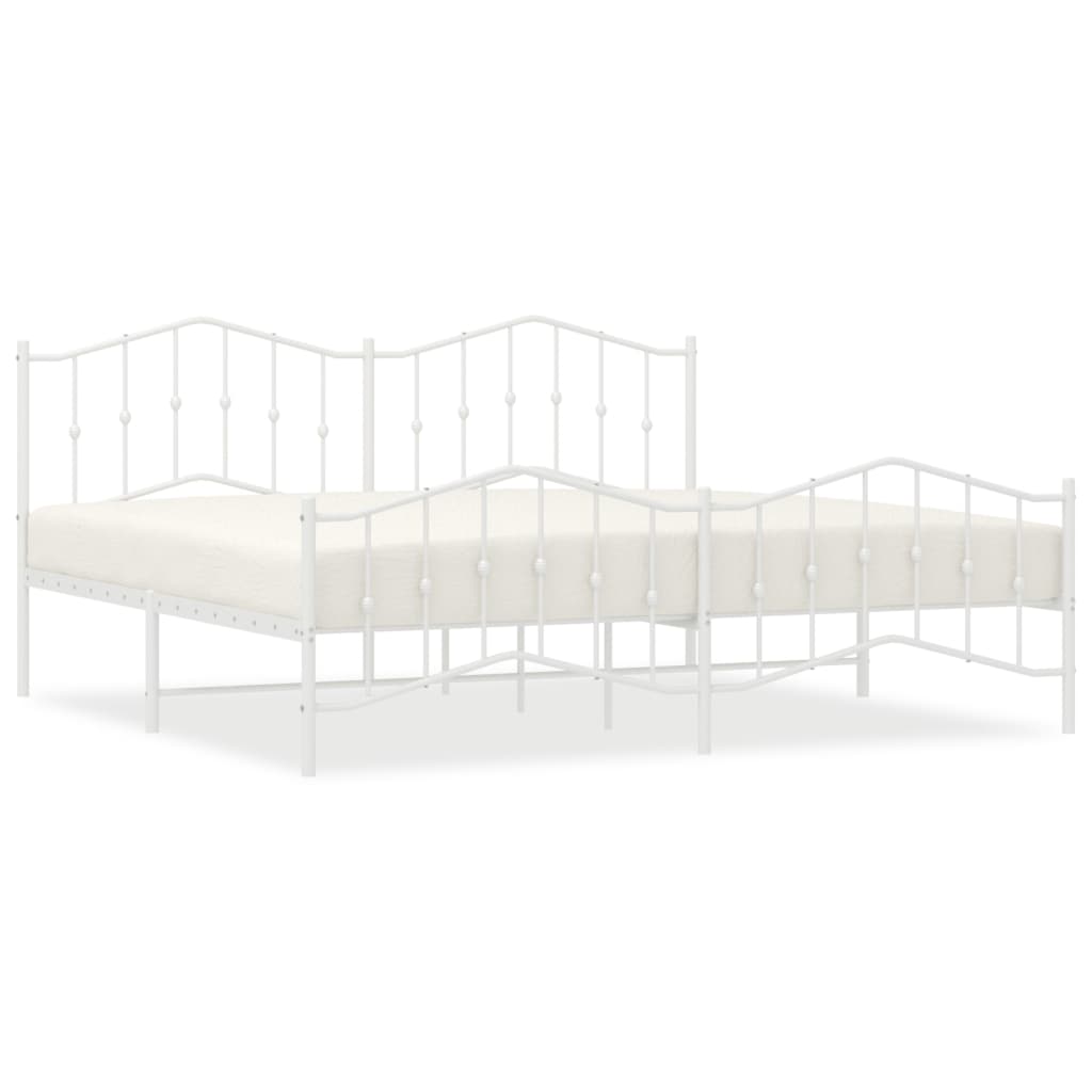 Line drawing of a white metal twin bed frame with decorative scrollwork on the headboard and footboard showing dimensions