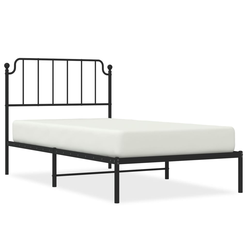 White metal bed frame with headboard and slatted base featuring dimensions labeled