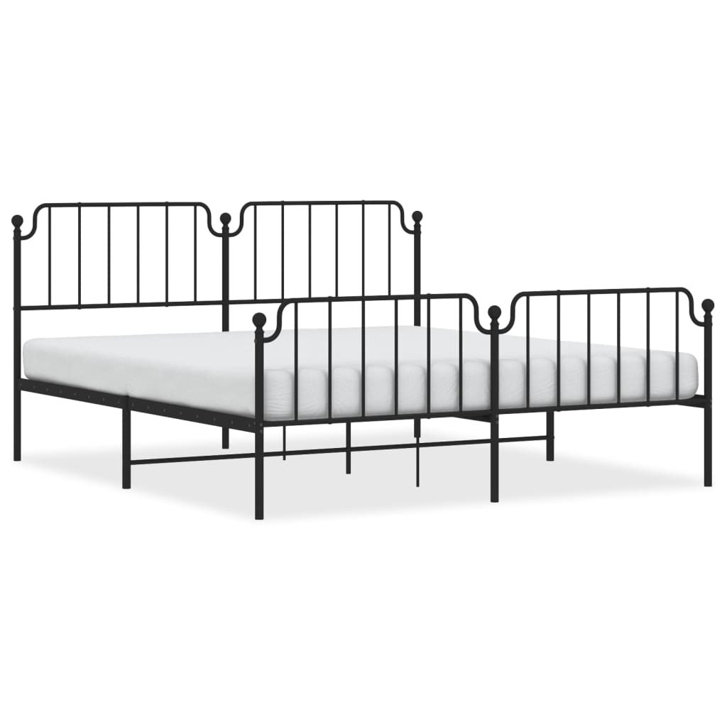 White metal bed frame with ornate headboard and footboard showing dimensions